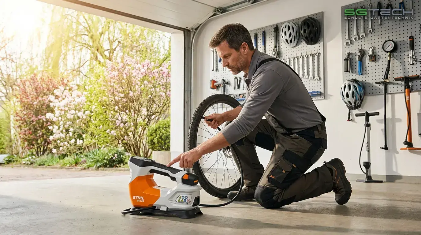 Ein Mann benutzt einen Stihl KOA20 Kompressor zum Aufpumpen eines Fahrradreifens in einer Garage im Frühling.