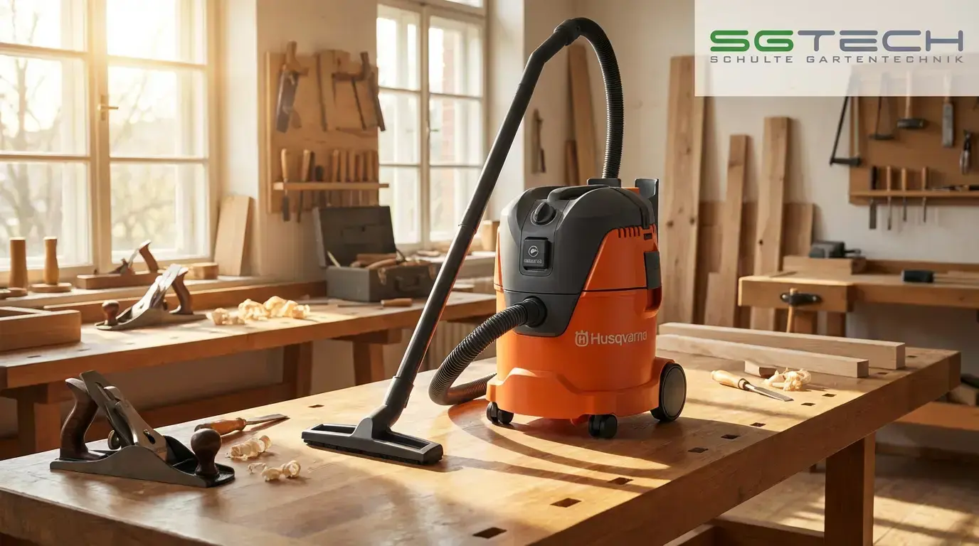 Oranger Husqvarna WDC325L Staubsauger auf einer Werkbank in einer Holzwerkstatt mit Hobelspänen und Handwerkzeugen.