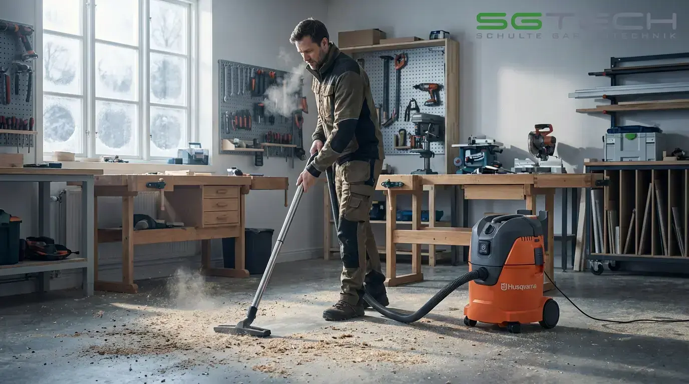 Ein Mann benutzt einen Husqvarna WDC325L Staubsauger in einer Werkstatt im Winter. Staub wird aufgesaugt.