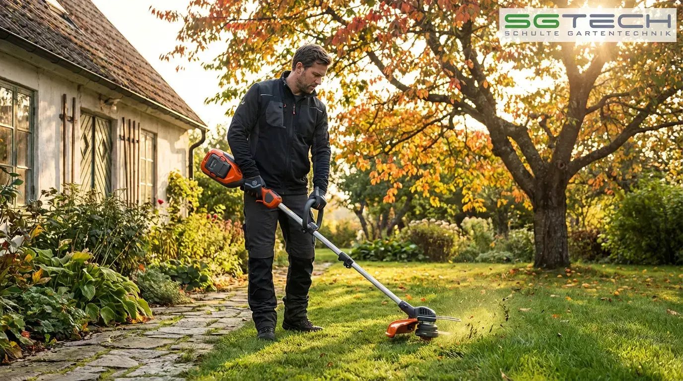 Mann trimmt mit Husqvarna 215IL Trimmer Rasenkante bei Bauernhaus. Großer Laubbaum im Hintergrund, herbstliche Szene.