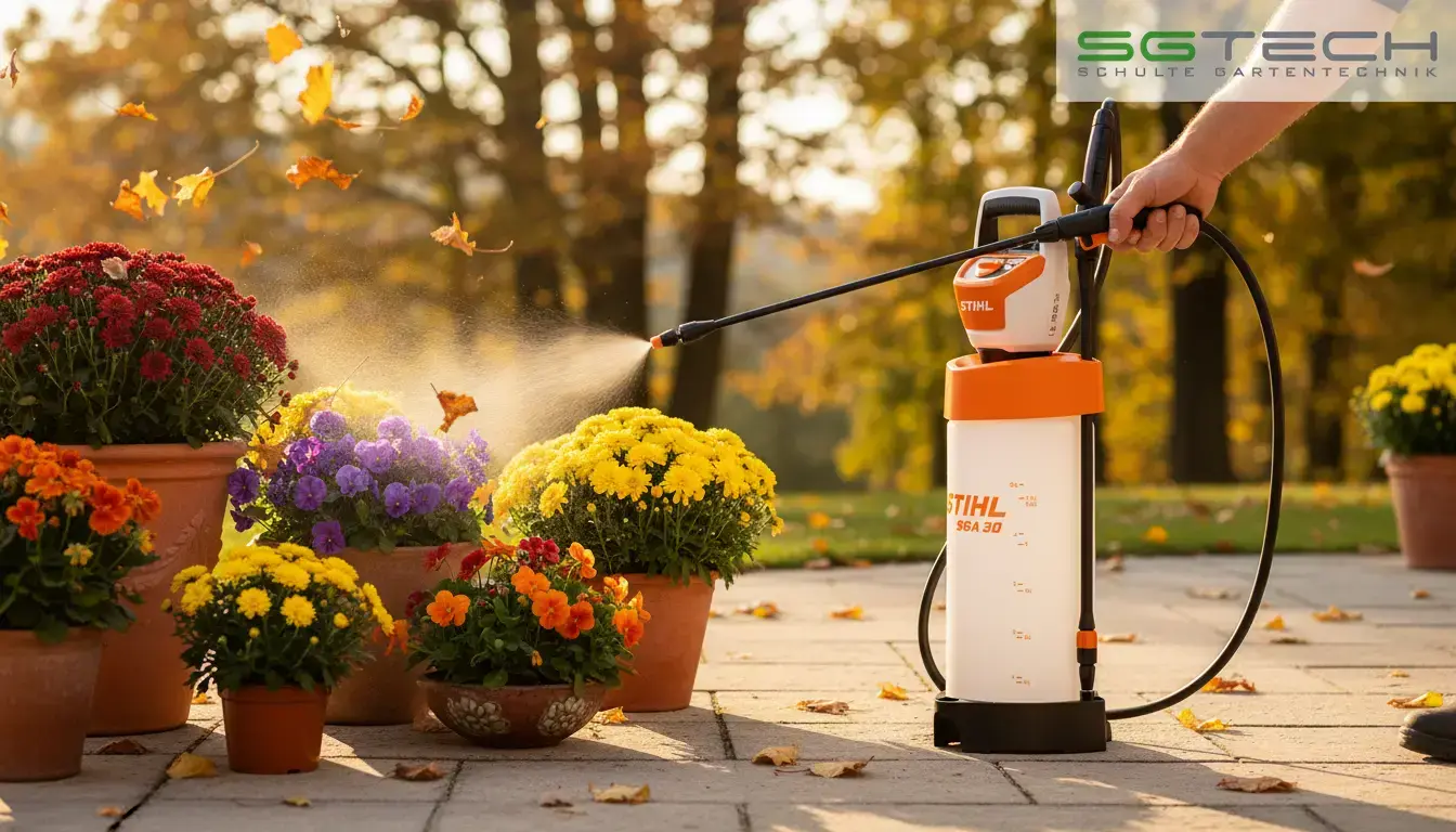 Herbstliche Szene mit Stihl SGA30 Spritzgeräte beim Blumenspritzen auf einer Terrasse.