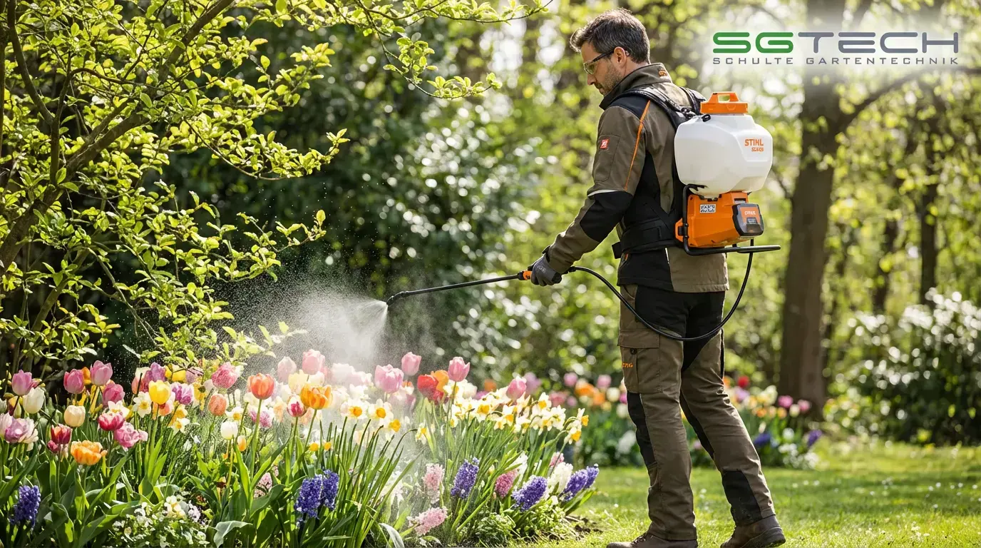 Mann pflegt Blumenbeet mit Stihl SGA60 Spritzgerät im Frühling. Ein Gärtner spritzt Flüssigkeit auf Tulpen und Hyazinthen.
