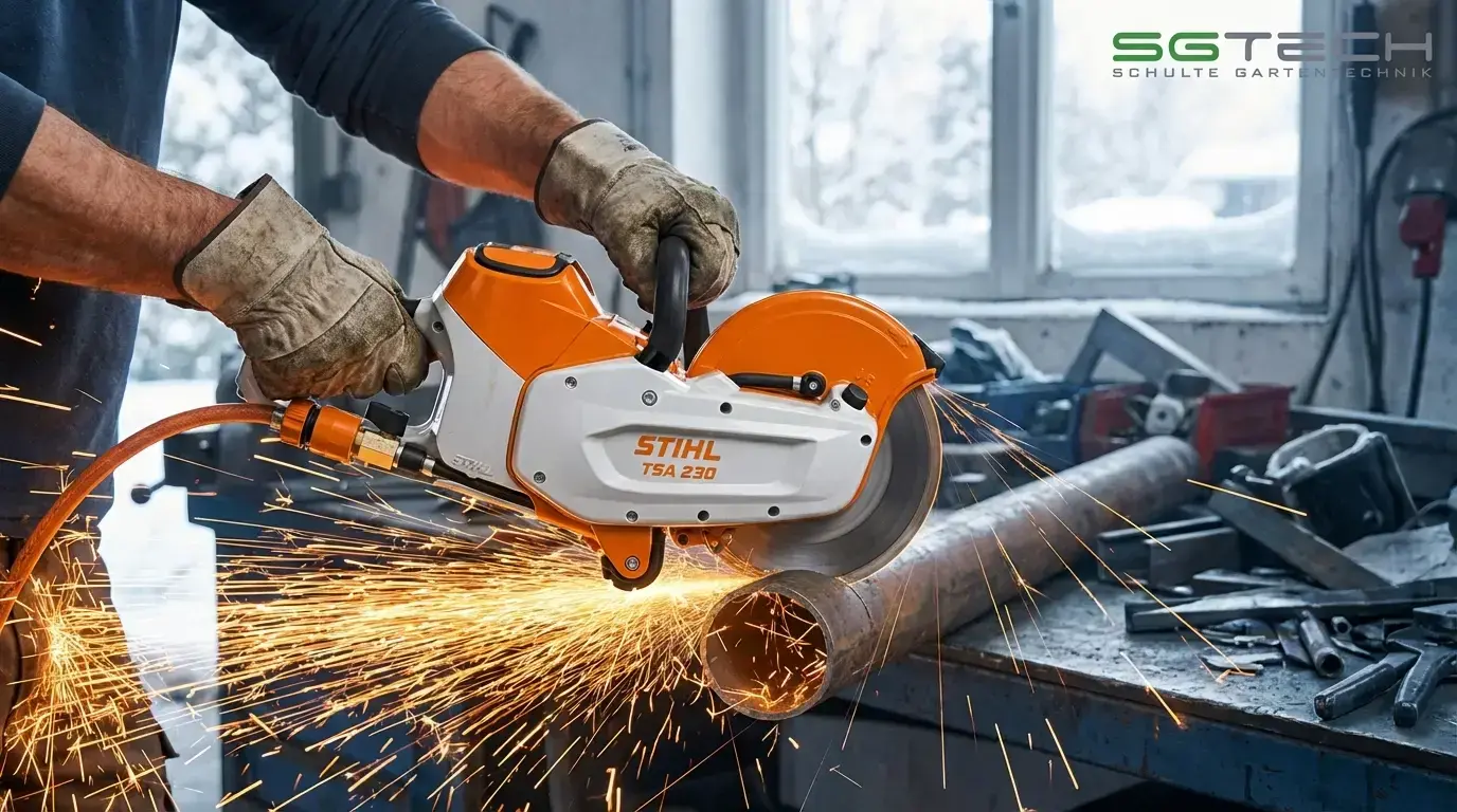 Ein Mann schneidet mit dem Stihl TSA230 Trennschleifer ein Stahlrohr in einer Werkstatt. Funken fliegen.