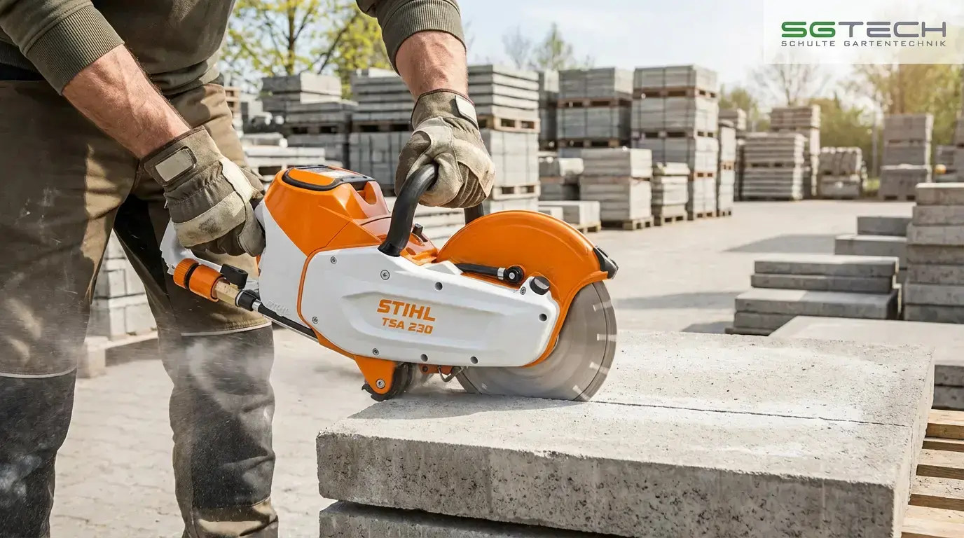 Ein Mann schneidet eine Betonplatte mit dem Stihl TSA230 Trennschleifer, mit Arbeitshandschuhen. Szene im Frühling.