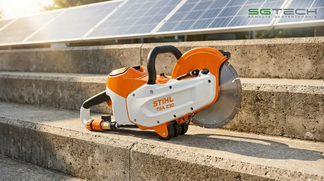 Stihl TSA230 Trennschleifer steht auf Betonstufen, im Hintergrund Solarpanele. Arbeiter macht Pause.