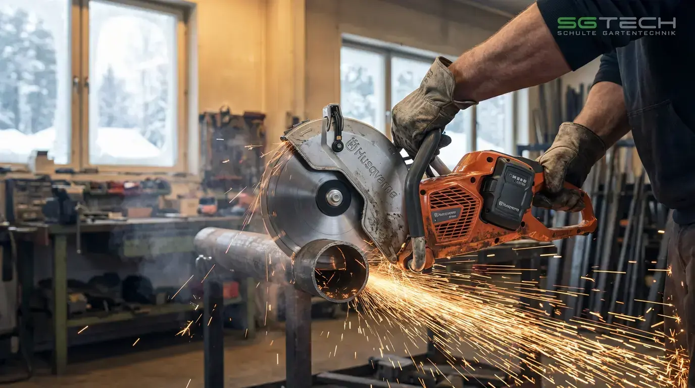 Ein Handwerker schneidet mit dem Husqvarna K540I Trennschleifer ein Stahlrohr in der Werkstatt, Funken sprühen.