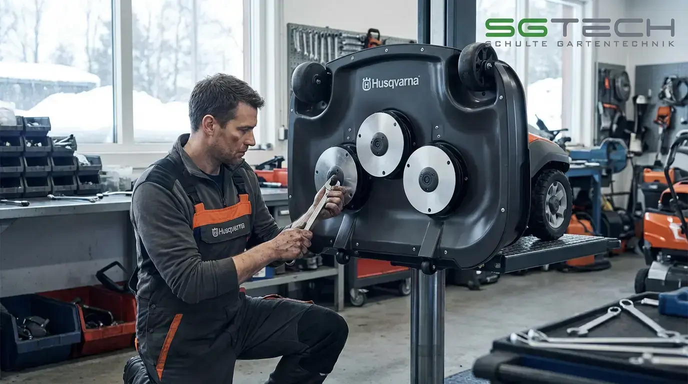 Ein Mann repariert das Husqvarna CEORA 43M MÄHDECK Rasenroboter Zubehör auf einer Hebebühne.