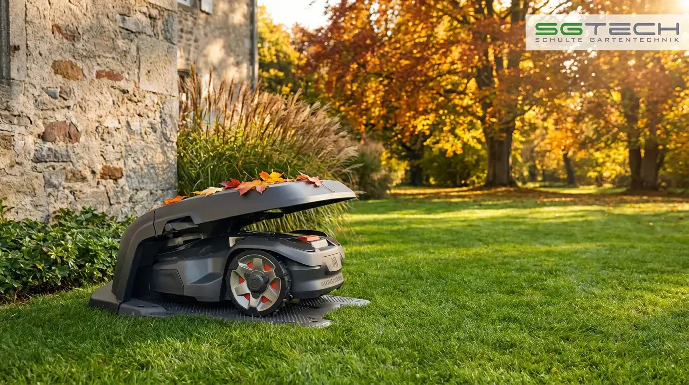 Husqvarna Rasenroboter in grauer Robotergarage mit Laub auf dem Dach, an altem Haus im Garten mit Bäumen im Herbst.