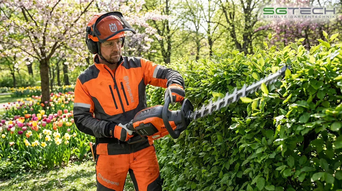 Ein Mann schneidet eine Hecke mit der Husqvarna 522IHD60 Heckenschere, Nahaufnahme. Trägt Schutzkleidung.