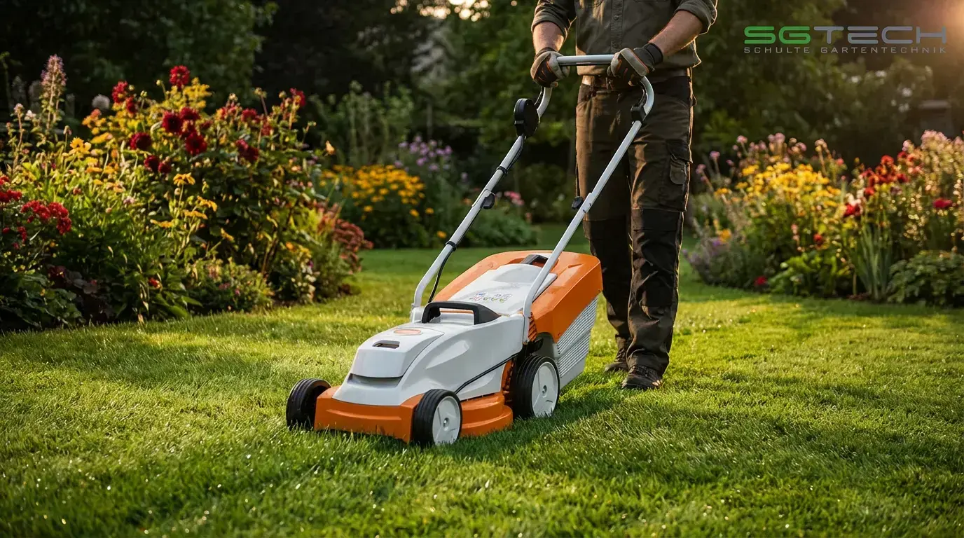 Stihl RMA235 Rasenmäher wird von einer Frau im Garten während der abendlichen Dämmerung genutzt. Warmes Licht taucht die Szene ein.