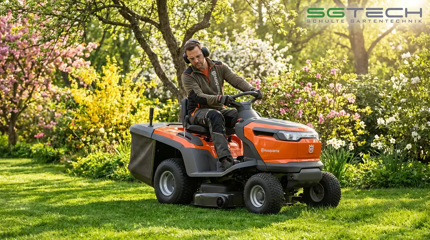 Ein Mann fährt einen Husqvarna TC100I Rasentraktor zur Rasenpflege im Frühling.
