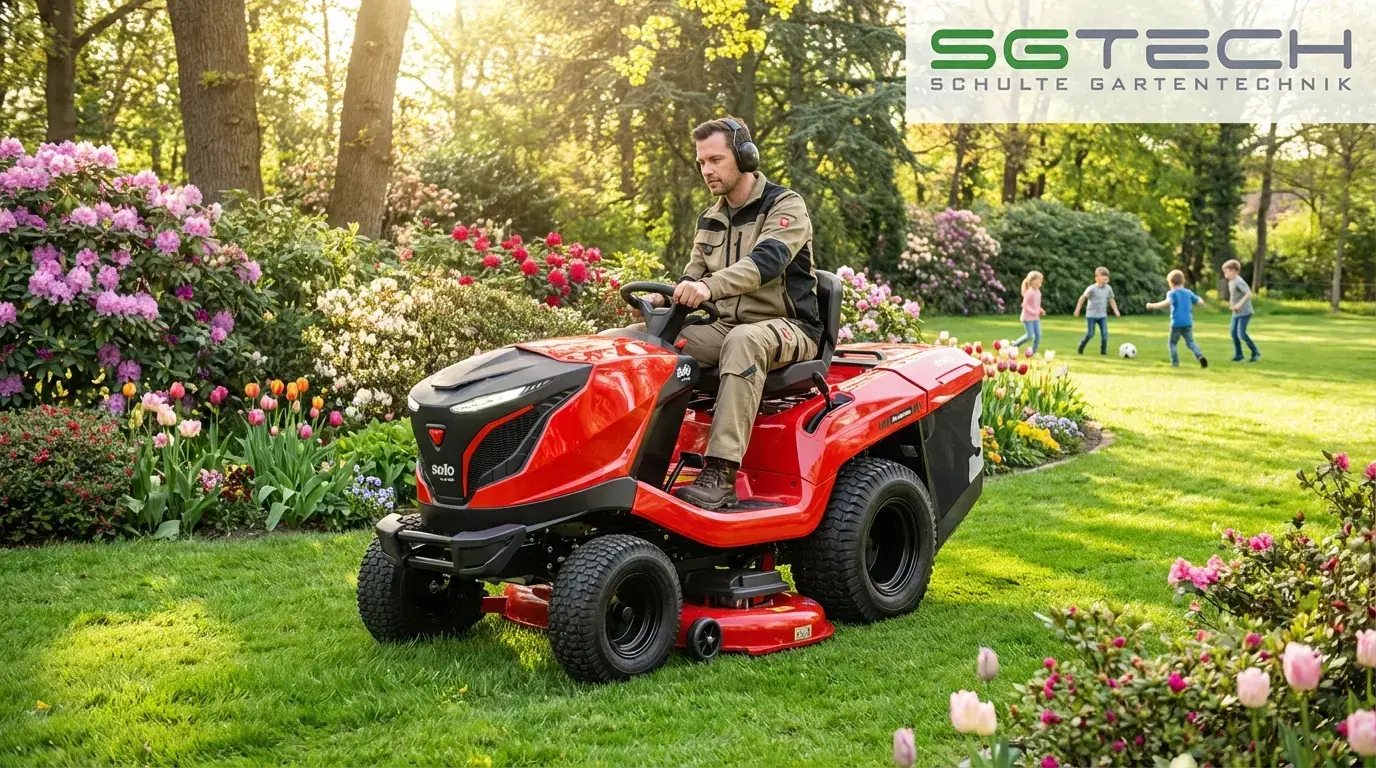 Mann mäht mit Solo by ALKO T22-105.4HD V2 SD Rasentraktor großen Garten. Kinder spielen Fussball im Hintergrund. Frühling.