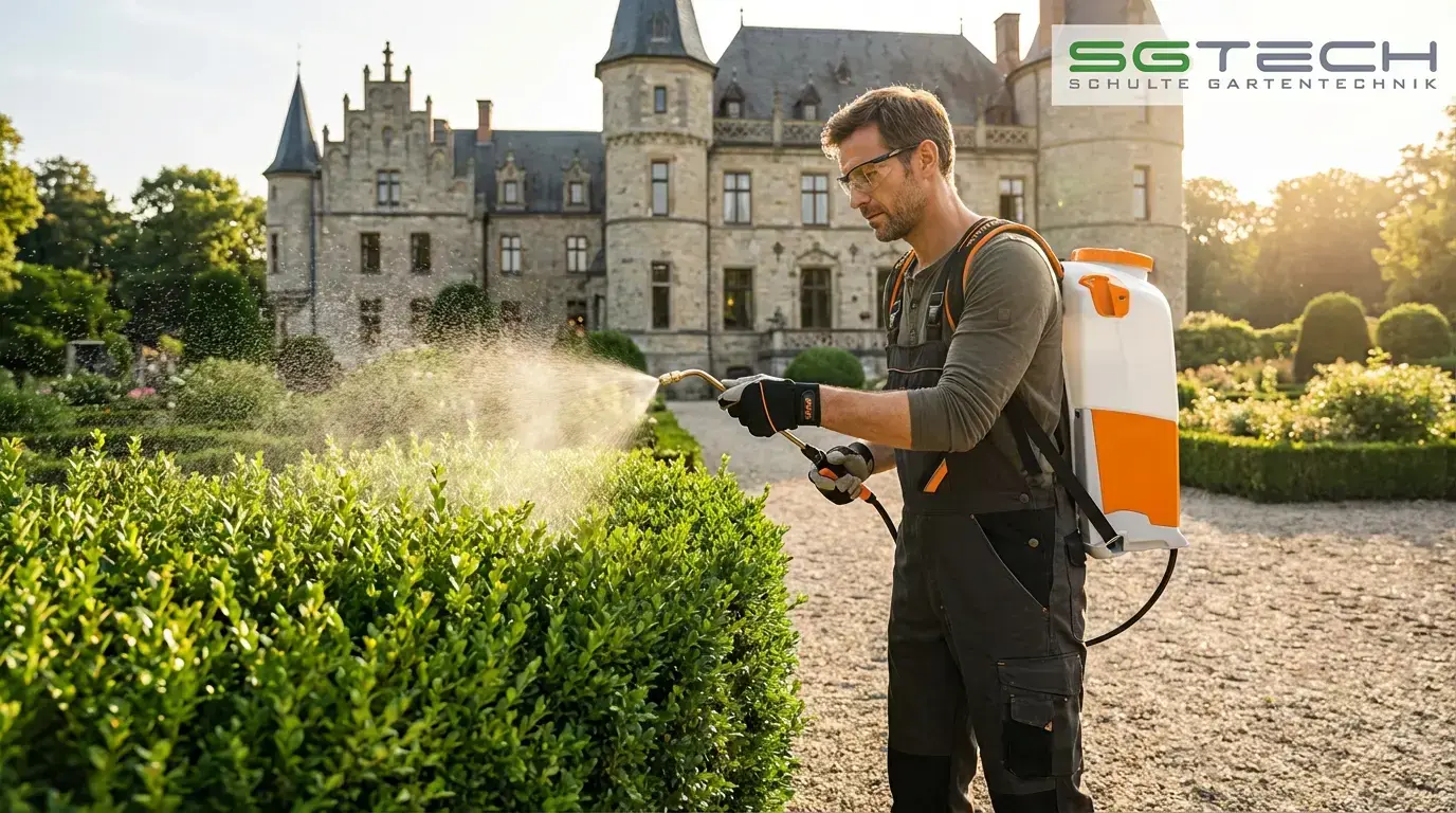 Ein Mann mit Stihl SGA85 Spritzgeräte spritzt eine Buchsbaumhecke. Gartengeräte für die Gartenpflege.