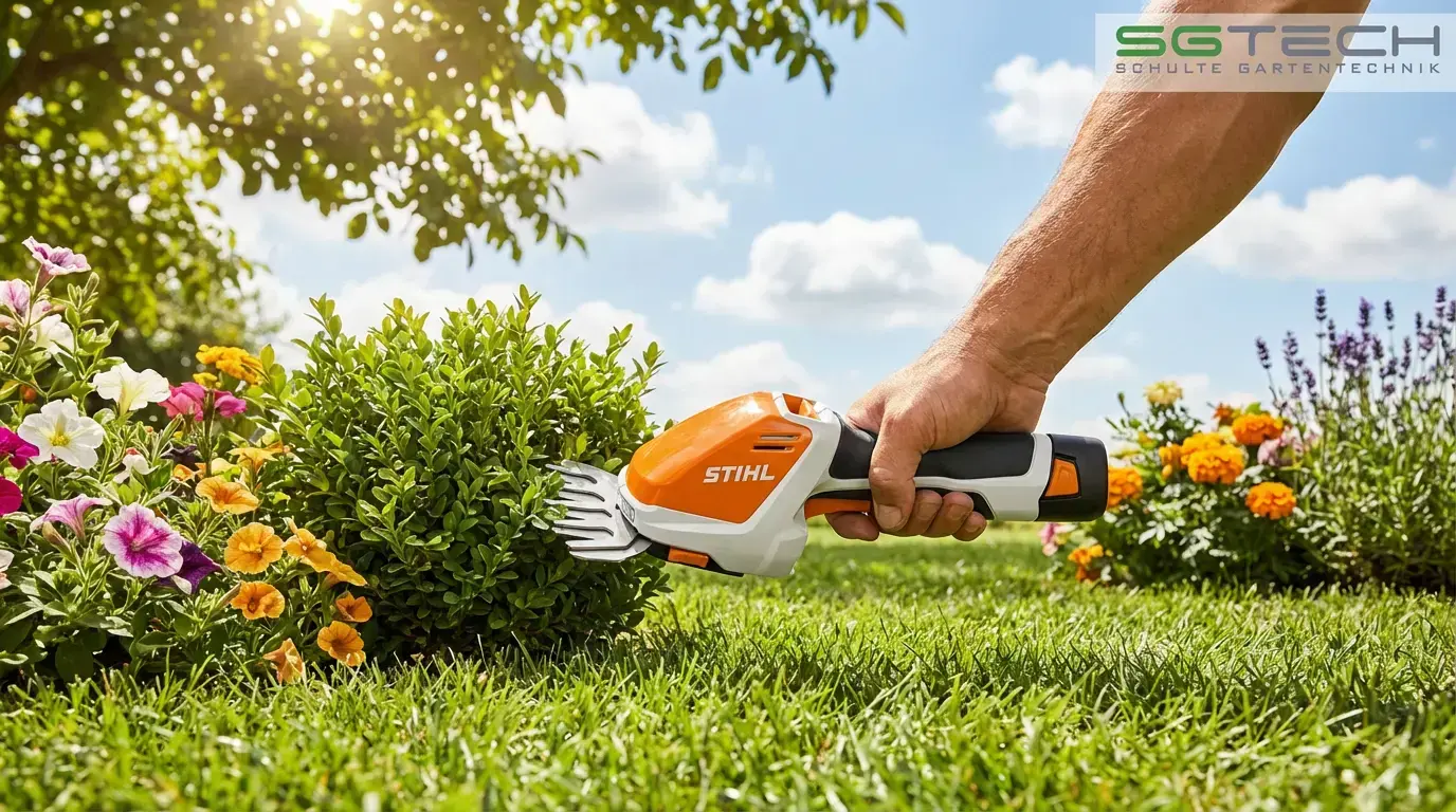 Nahaufnahme einer Stihl HSA26 Strauchschere bei der Rasenpflege im Sommer.