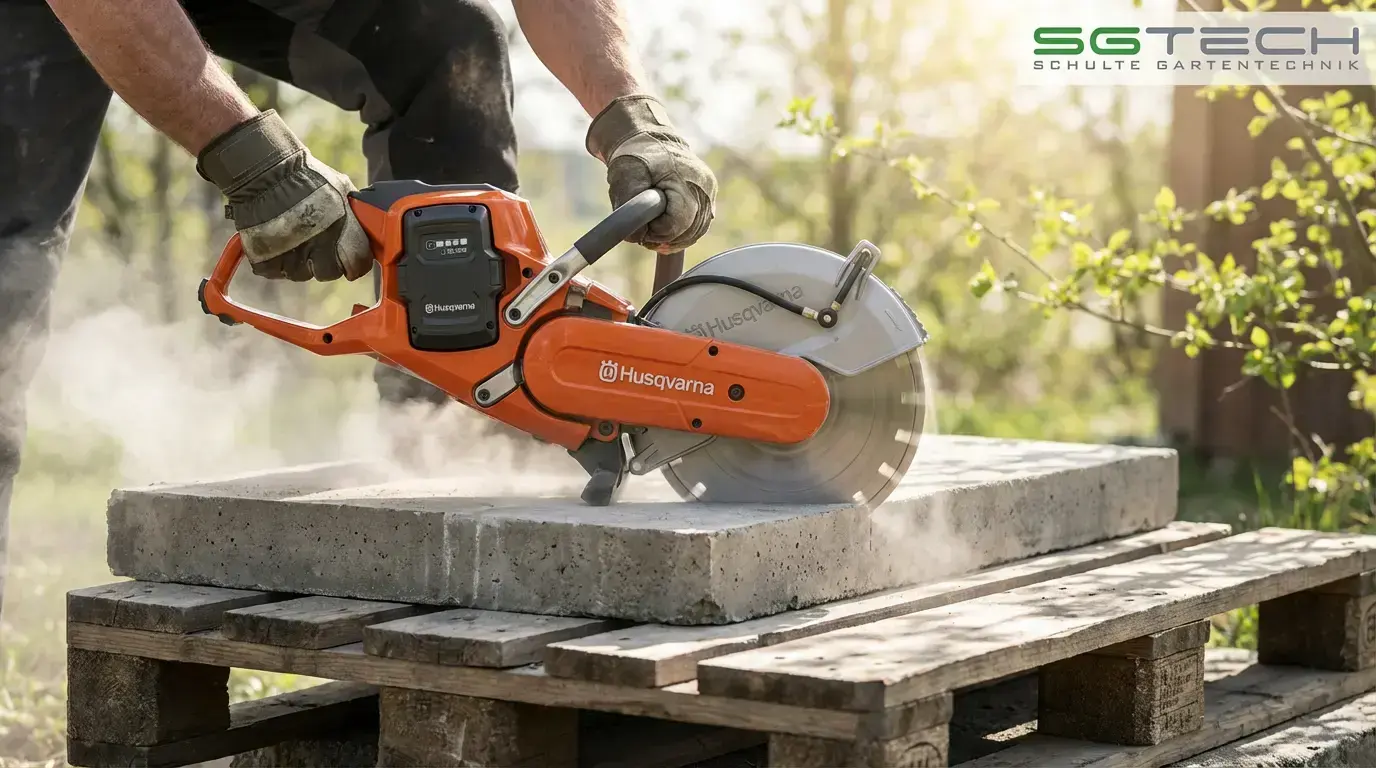Ein Mann schneidet mit dem Husqvarna K540I Trennschleifer eine Betonplatte.