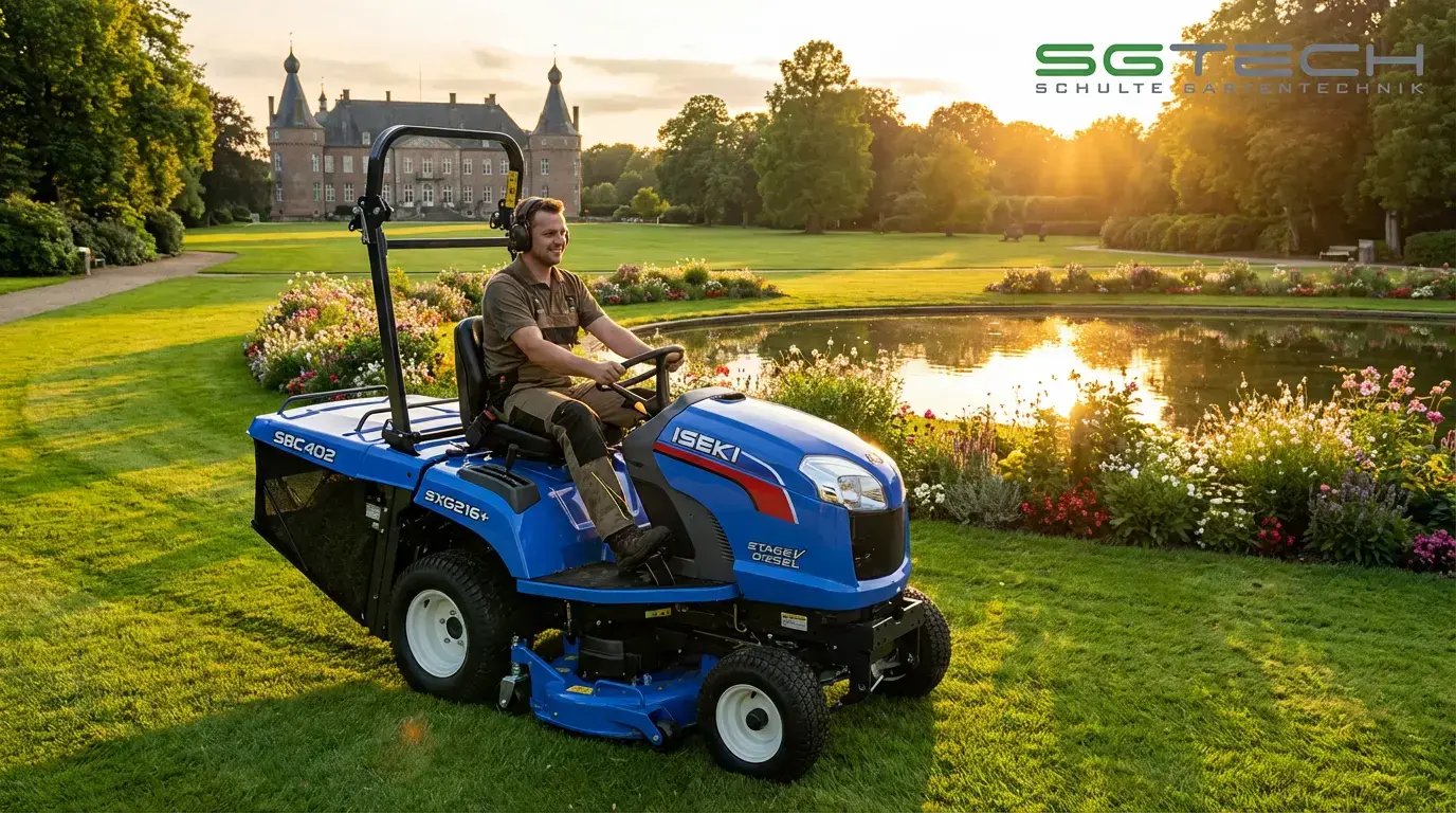 Ein blauer Iseki SXG216+ Traktor mäht Gras in einer Parkanlage vor einem Schloss. Sommerliche Szene mit Abendsonne.