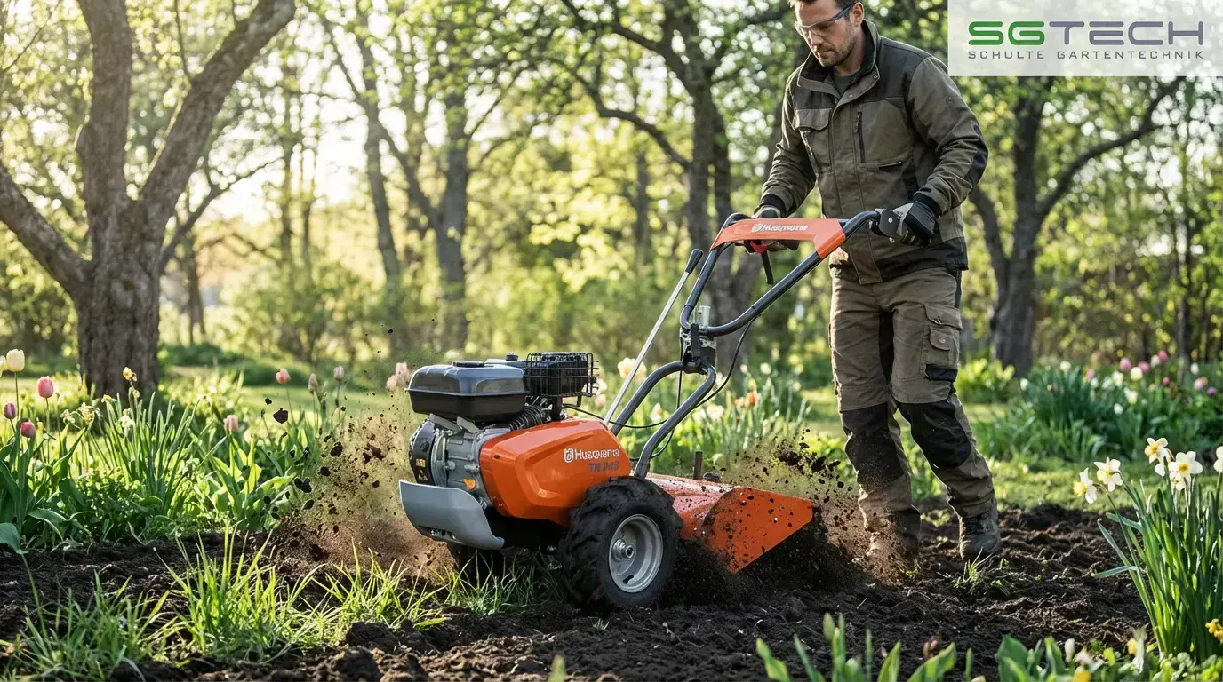 Mann arbeitet mit Husqvarna TR348 Bodenfräse auf einem Feld für eine Rasenneuanlage im Frühling, lockerer Boden fliegt auf.