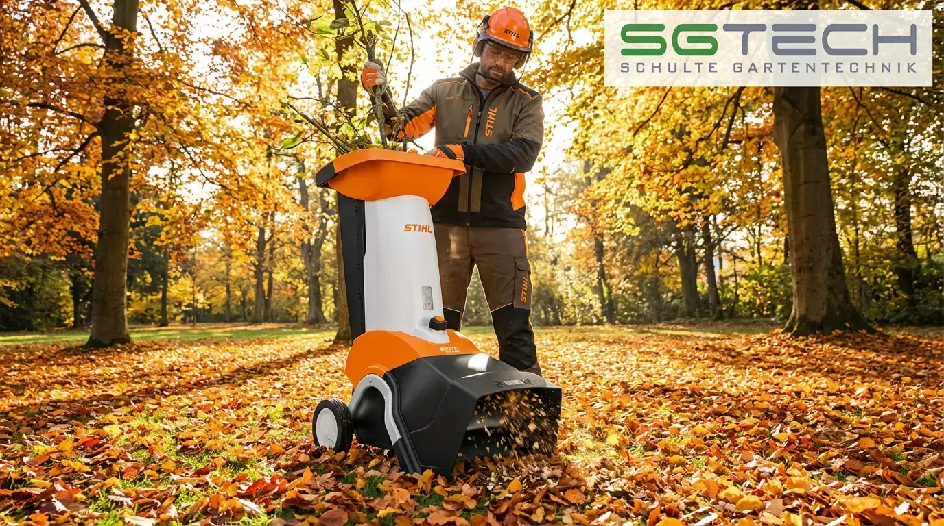 Stihl GHE420 Häcksler im Einsatz. Ein Mann zerkleinert Äste und Laub in einem großen Herbstgarten mit goldener Laubdecke.