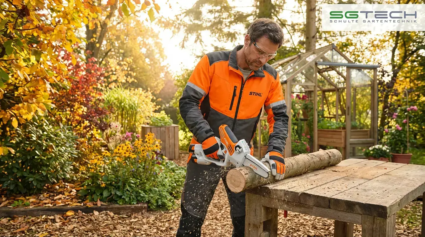 Mann in Schutzkleidung schneidet eine Holzstaffel mit der Stihl GTA40 Astsäge in einem herbstlichen Gartenambiente.