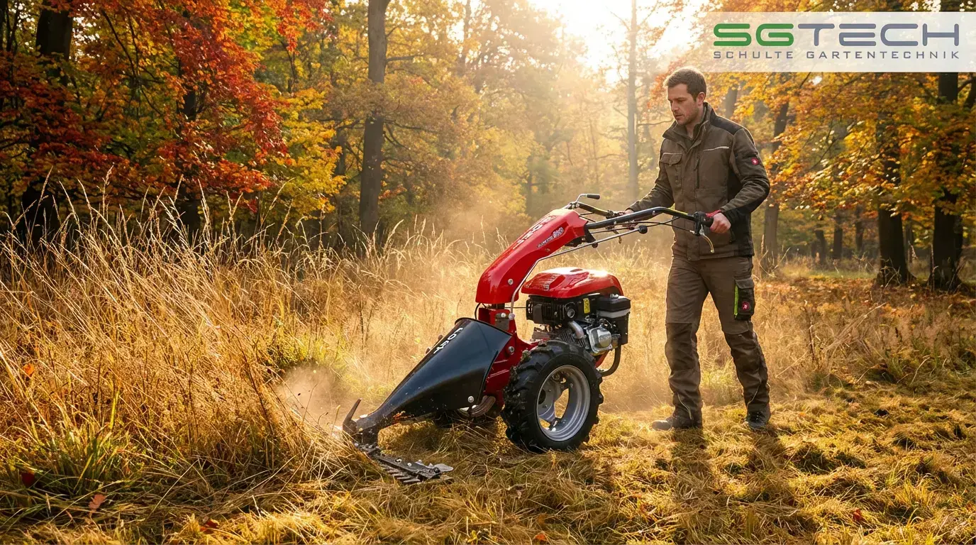 Mann mäht mit dem Fort SERIE 280 (SH265) Einachser extrem hohe Wiese im Lainzertiergarten. Herbstliche Morgensonne.