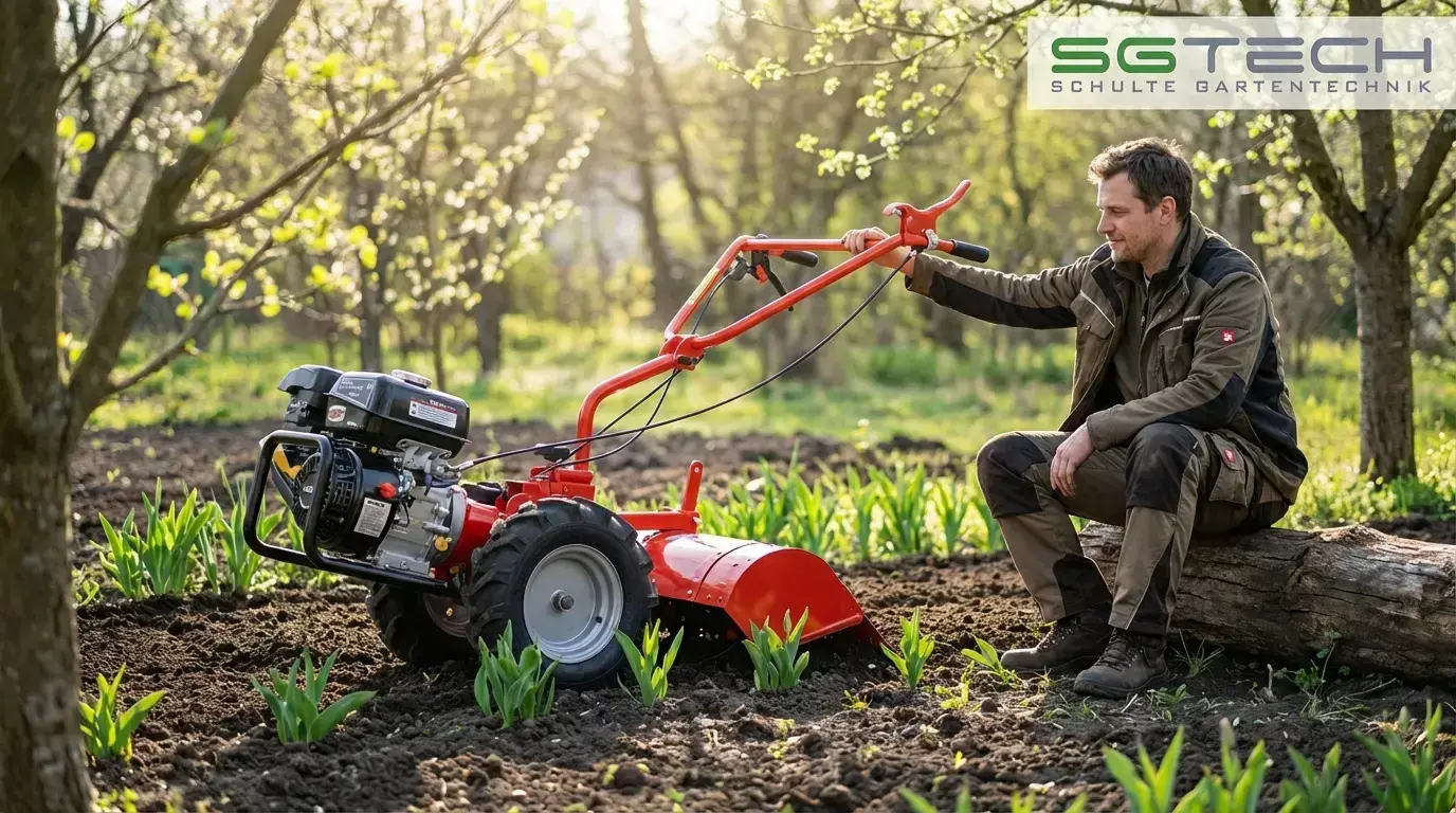 Ein Mann ruht neben einem Fort SERIE 104 Einachser in einem frisch angelegten Gartenbeet. Sonnige Frühlingsszene mit Gartengerät.