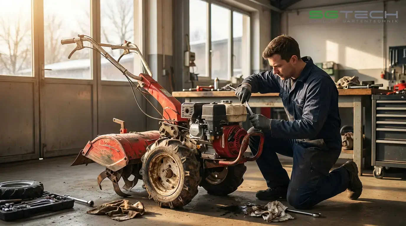Ein Mechaniker wartet eine Herkules SF600D Bodenfräse in einer Werkstatt. Das Gerät weist deutliche Gebrauchsspuren auf.