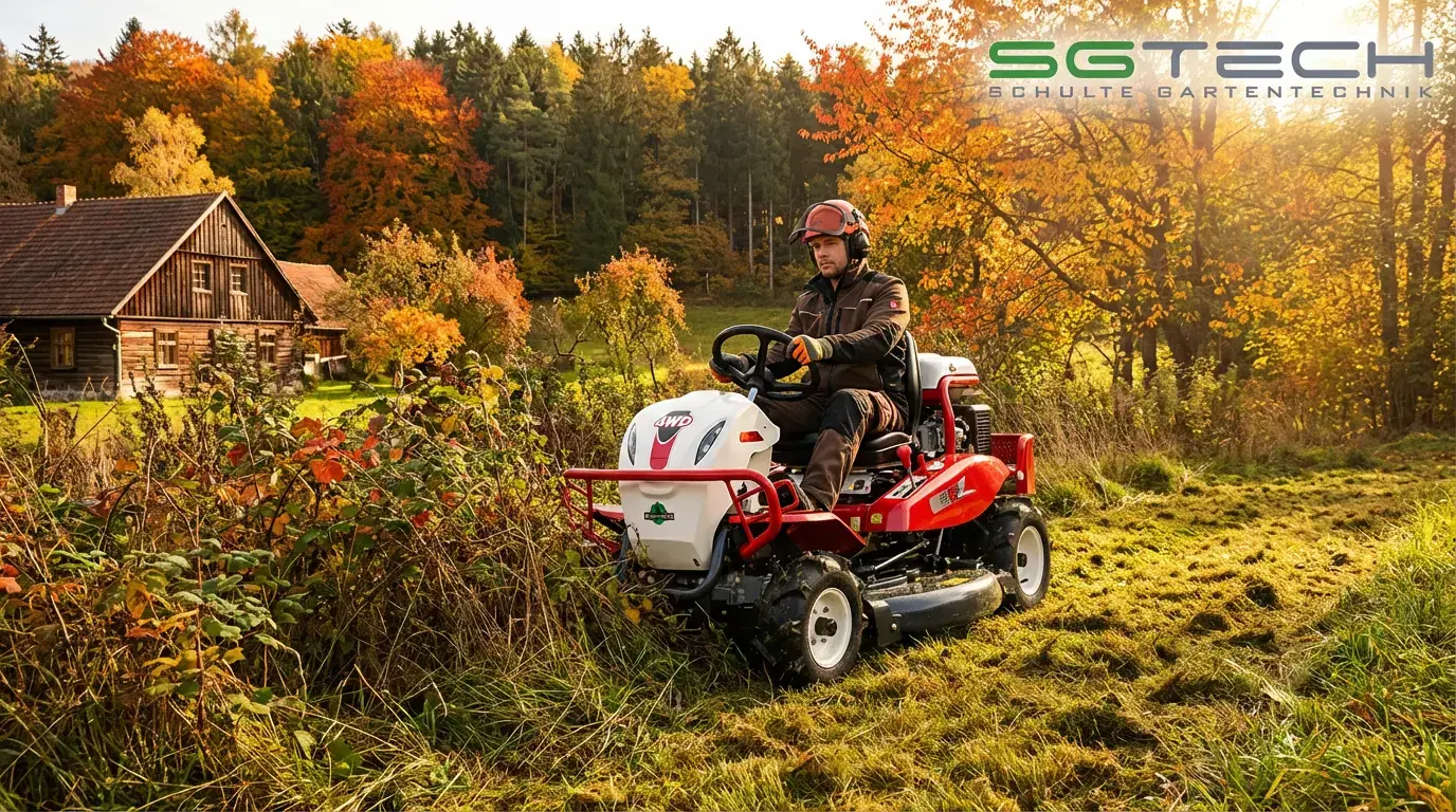 Der Herkules RM982F4WD Hochgrasmäher mäht hohes Gras und Gestrüpp in einer Herbstlandschaft.