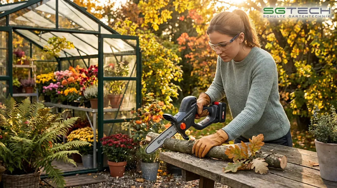 Junge Frau nutzt Husqvarna ASPIRE P8X Astsäge für Holzarbeiten im Herbstgarten. Mit Schutzbrille und Handschuhen. Gewächshaus im Hintergrund.