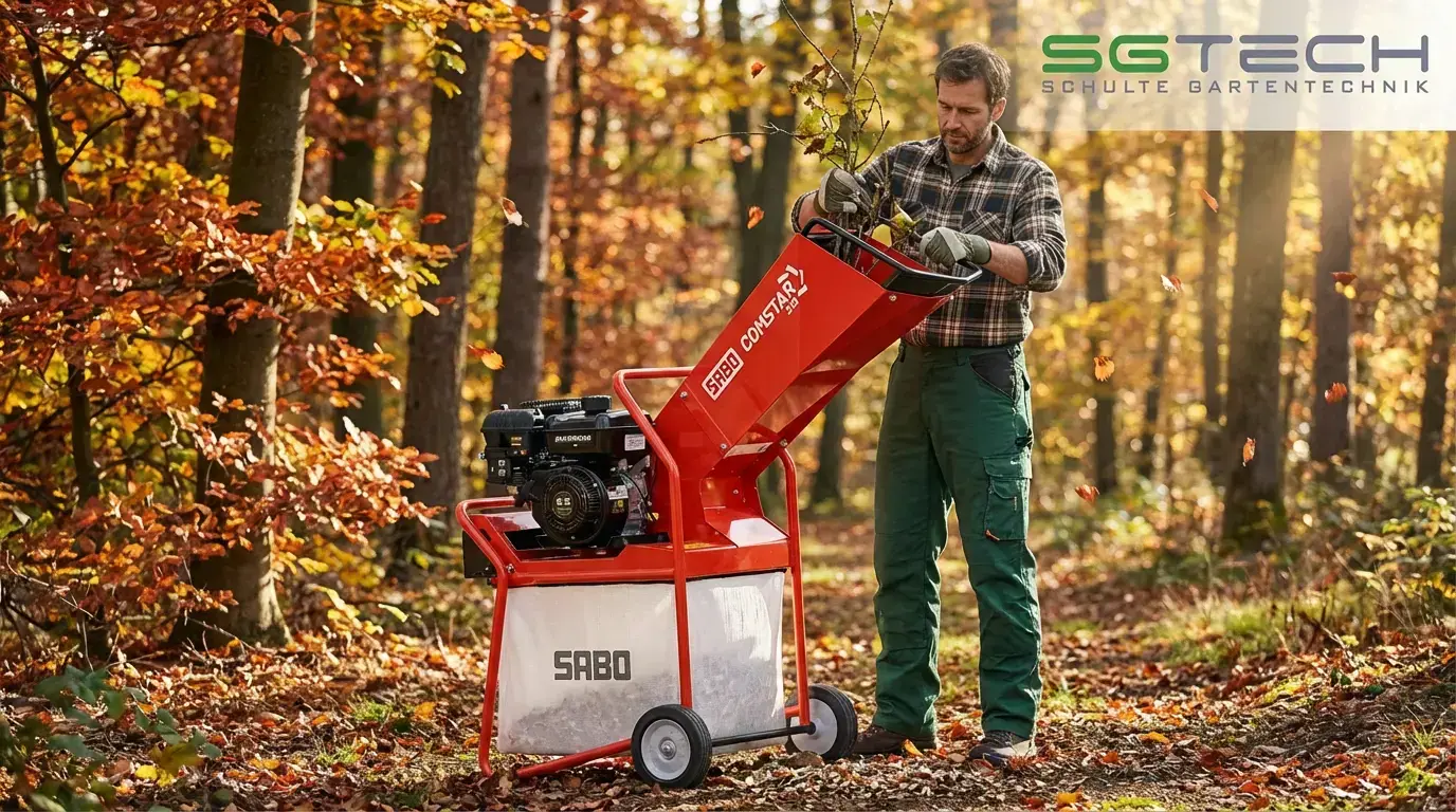 Mann führt Äste in einen roten Sabo COMSTAR 210 Häcksler auf einer herbstlichen Waldlichtung. Effiziente Gartenarbeit mit Laubbäumen im Hintergrund.