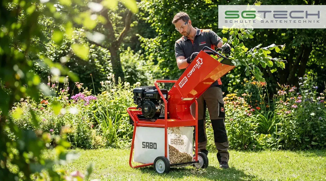 Mann häckselt Äste mit dem roten Sabo COMSTAR 210 Häcksler im sonnigen Sommergarten. Fokus auf effiziente Gartenarbeit.