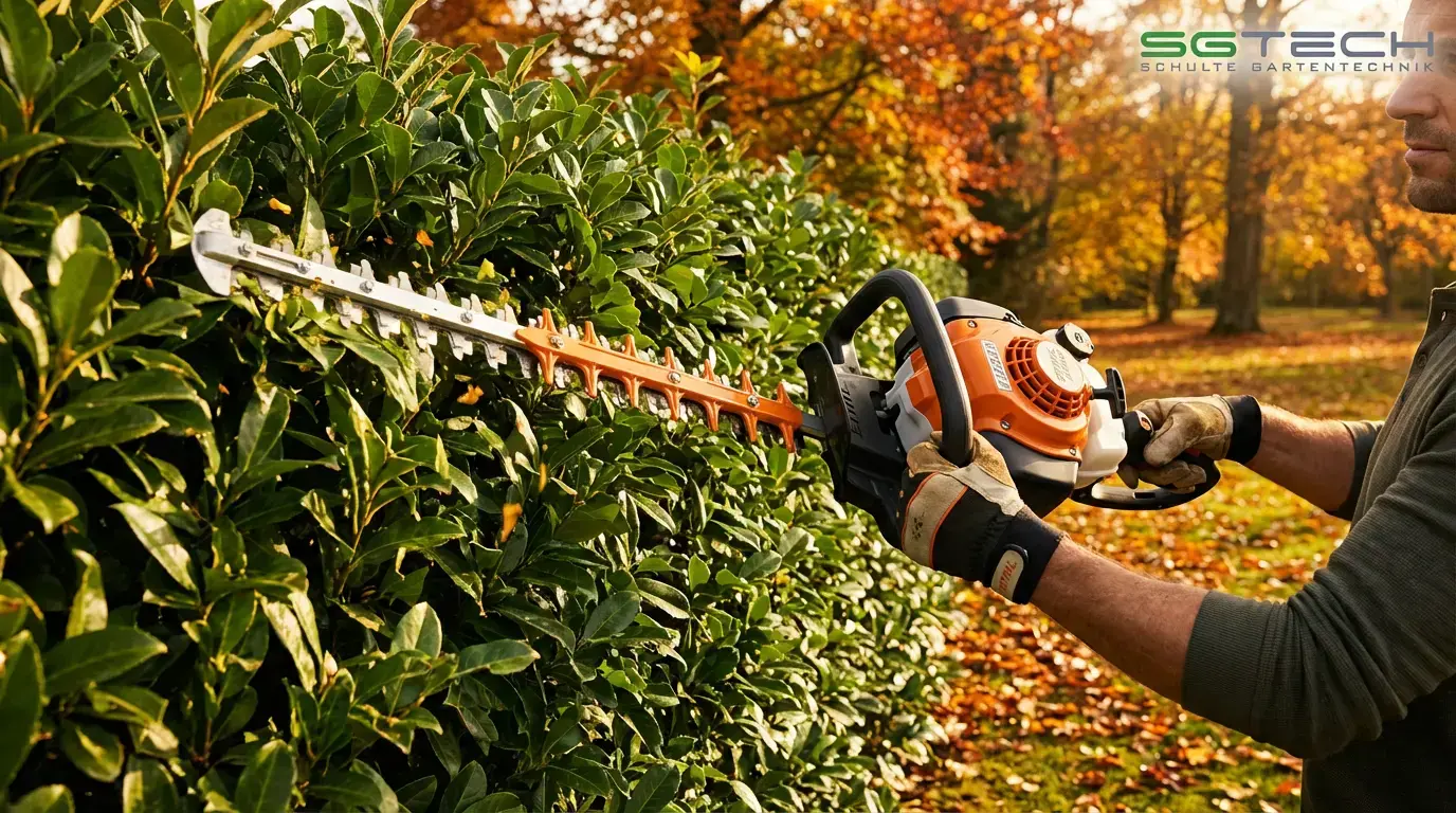 Mann schneidet eine große Hecke im Herbst mit der Stihl HS82R (75) Heckenschere. Detailansicht der Arbeit.