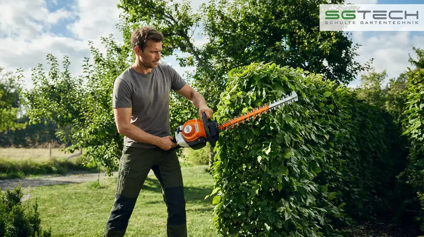 Stihl HS82T (60) Heckenschere im Einsatz. Eine Frau mit Schutzbrille trimmt eine hohe Hecke in einem gepflegten Garten.