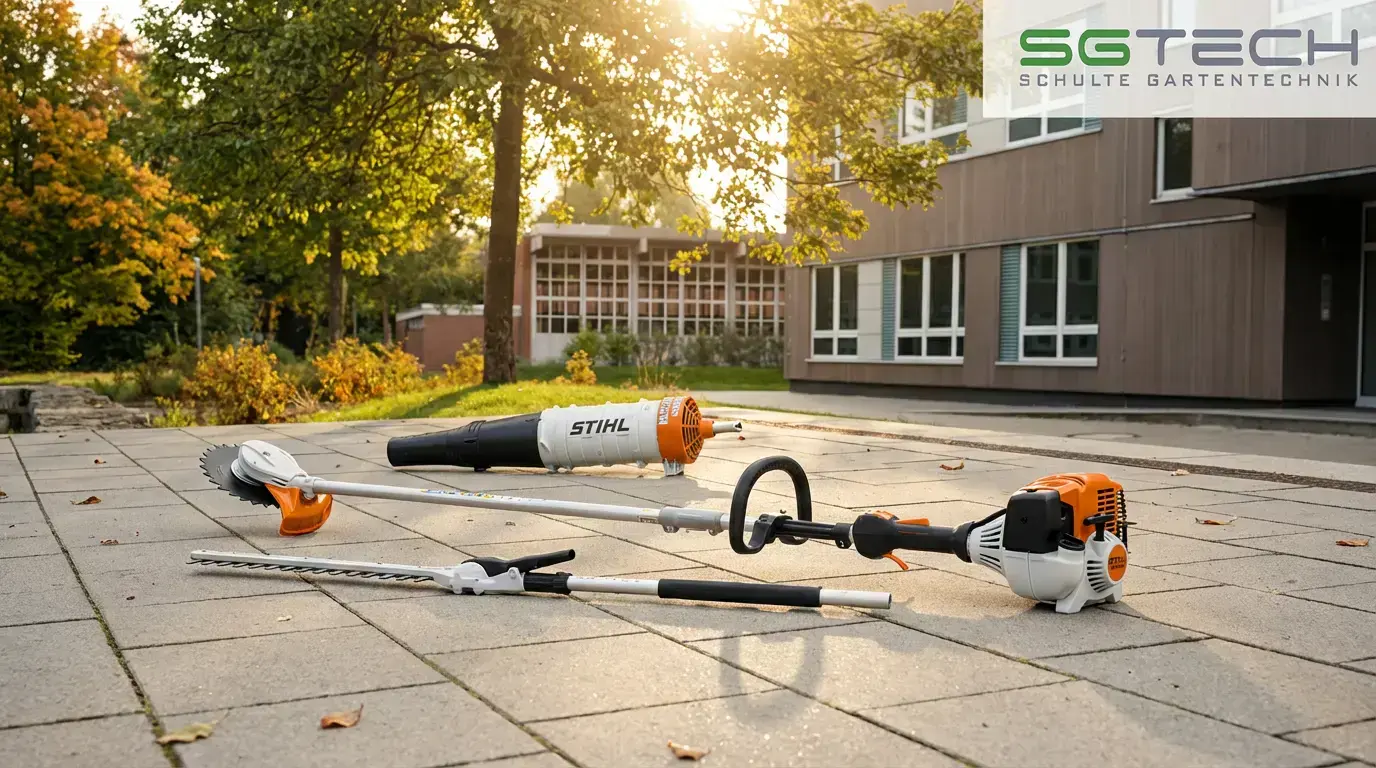Mehrere Stihl KM131R Kombigeräte und ihre Aufsätze liegen auf einer gepflegten Terrasse vor Bäumen und Gebäude. Vielseitige Gartenarbeit im Herbst.