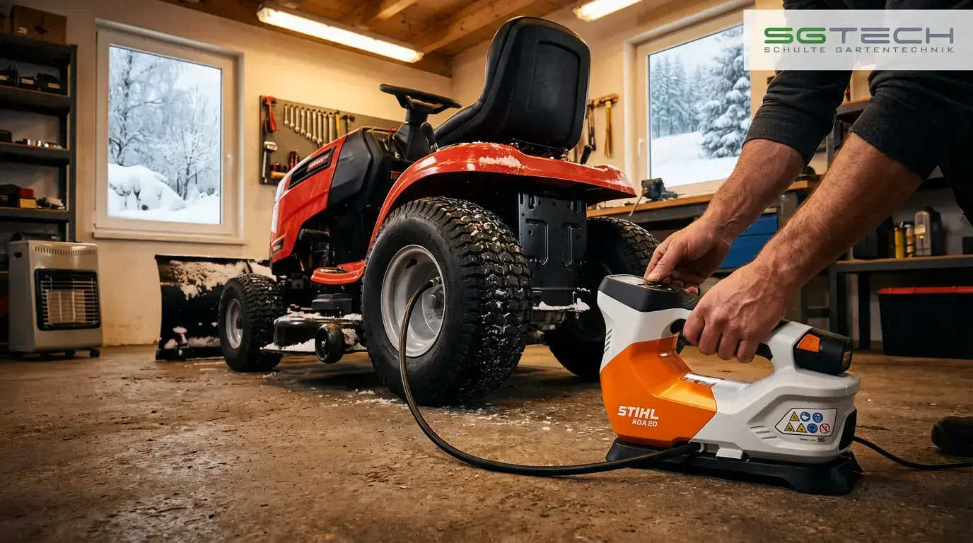 Stihl KOA20 Kompressor pumpt Reifen eines Rasentraktors mit Schneeschild in einer winterlichen Garage auf. Detailansicht des Geräts.