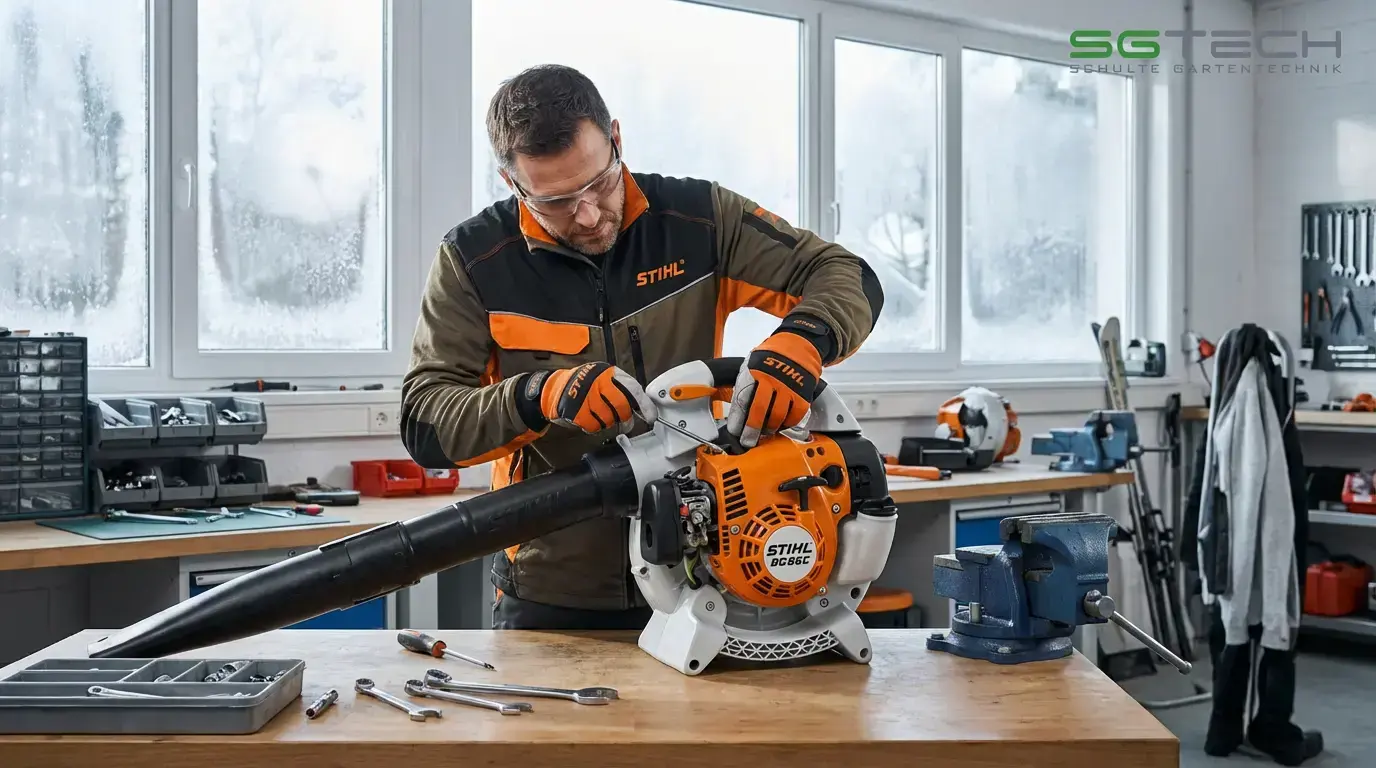 Ein Mann wartet einen Stihl BG86 Laubbläser in einer Werkstatt. Werkzeuge liegen bereit und die Fenster sind gefroren.