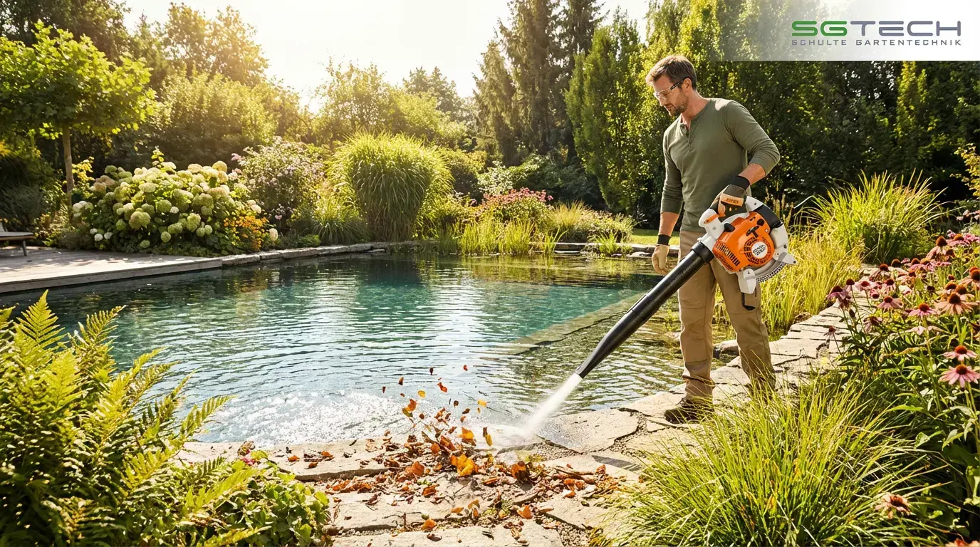 Mann nutzt Stihl BG86 Laubbläser, um Laub vom Ufer eines modernen Schwimmteichs in einem sonnigen Garten zu entfernen.