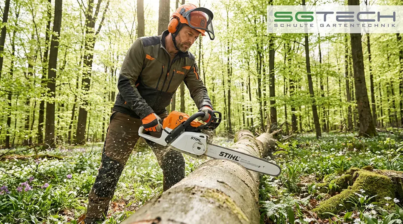 Mann mit Schutzhelm und Stihl MS231C-BE (40) Motorsäge beim Zersägen eines Baumstammes in einem hellen, blühenden Frühlingswald.