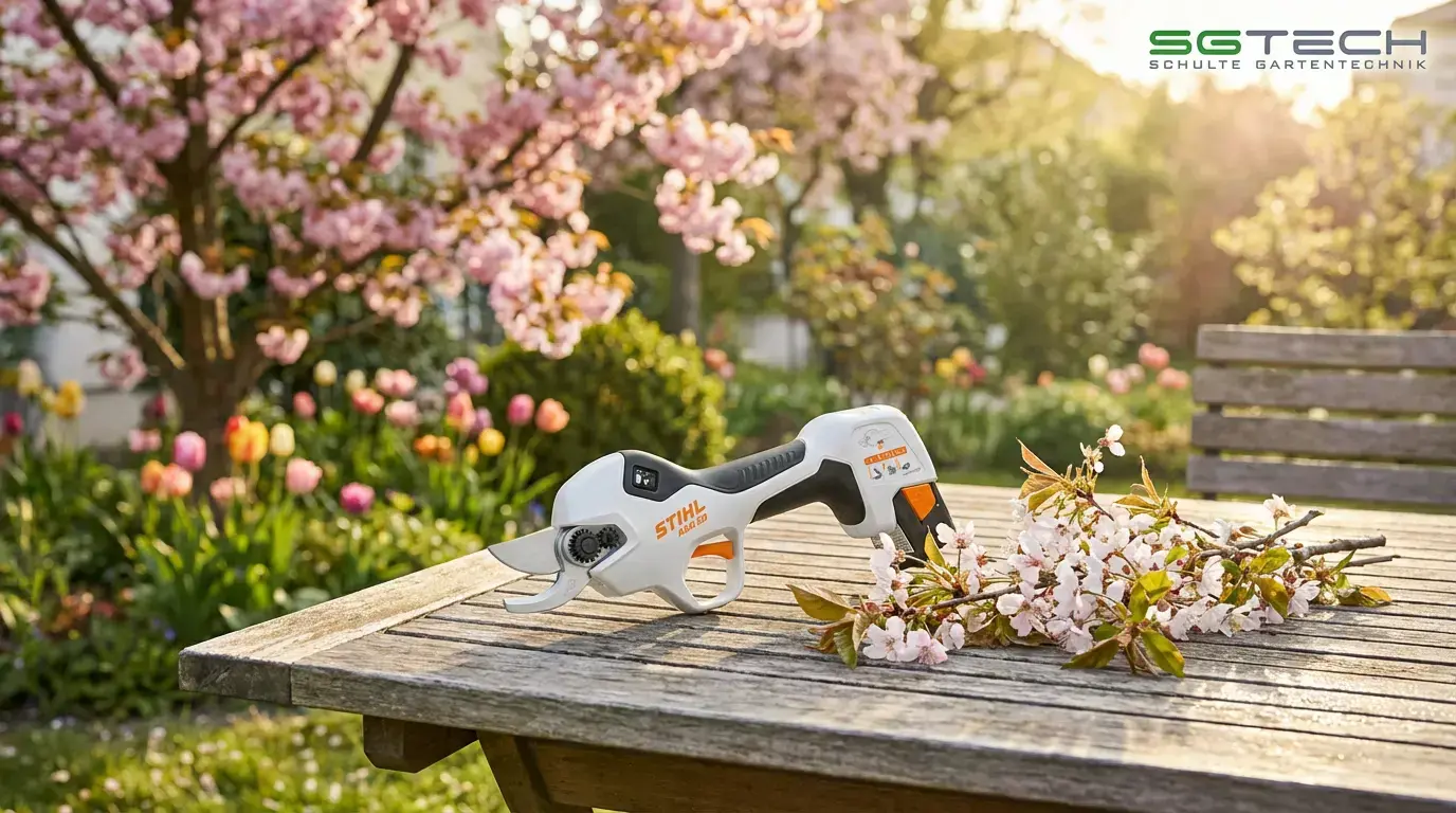 Nahaufnahme der Stihl ASA20 Astschere auf einem Tisch, bereit für den Baumschnitt im Frühling.