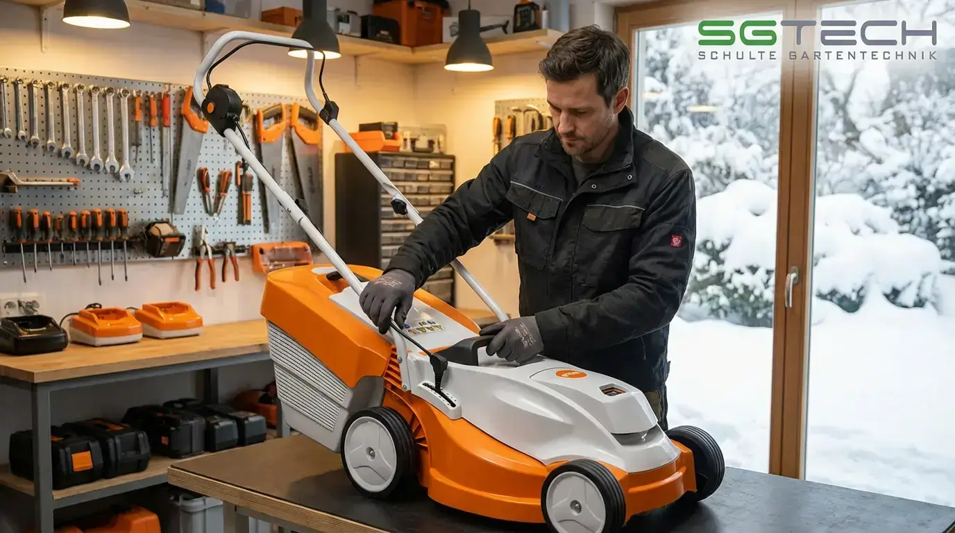 Mann justiert Stihl RMA235 Rasenmäher in Werkstatt. Werkzeuge an der Wand, winterliche Szene mit Schnee draußen sichtbar.
