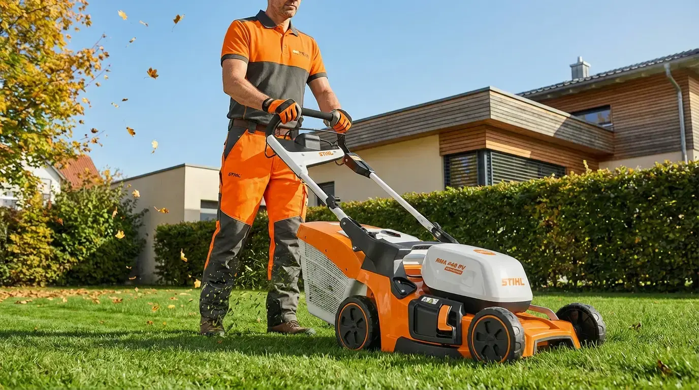 Mann in orangefarbener Arbeitskleidung schiebt den Stihl RMA448PV Akku-Rasenmäher über eine grüne Rasenfläche. Blätter fallen im Herbst.
