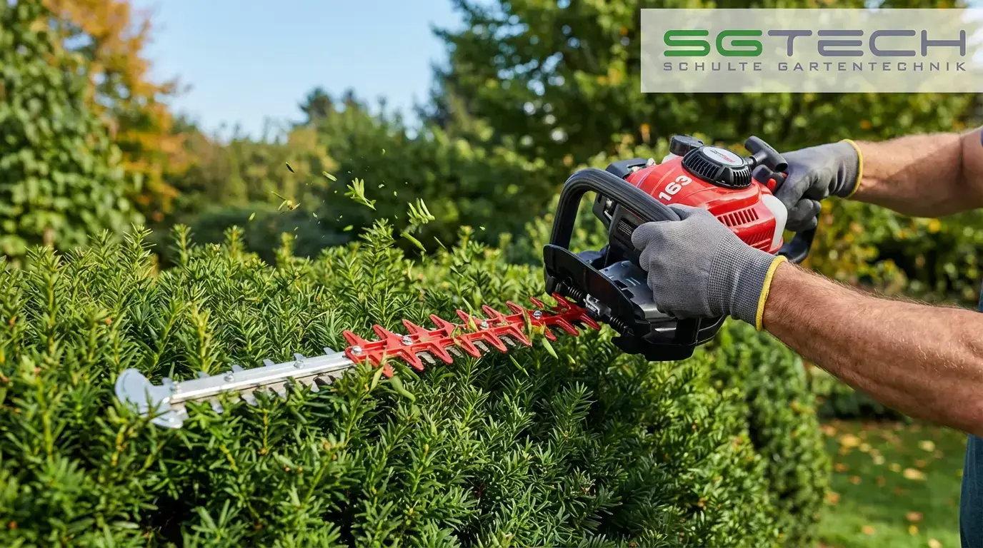 Eine Person mit grauen Handschuhen bedient die Solo by AL-KO 163-55 Heckenschere und schneidet eine dichte, grüne Hecke unter blauem Himmel.