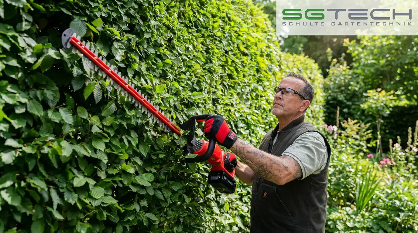 Mann schneidet mit Solo by AL-KO HT3660 Akku-Heckenschere eine dichte, grüne Hecke im Garten. Er trägt Brille und Schutzhandschuhe.