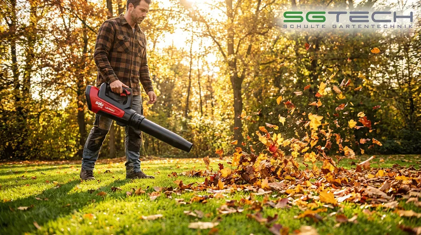 Ein Mann benutzt den Solo by AL-KO LB4250 Laubbläser, um herbstliches Laub von einer grünen Rasenfläche zu blasen, im Sonnenlicht.