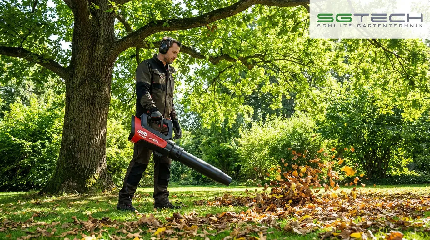 Mann nutzt Solo by AL-KO LB4250 Laubbläser, um Laub auf grünem Rasen unter großem Baum zusammenzublasen. Sommerszene.