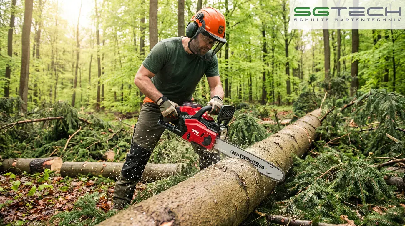 Mann mit Solo by AL-KO CS3640 Motorsäge beim Schneiden einer umgestürzten Fichte nach Sturmschaden im Wald mit Schutzkleidung.