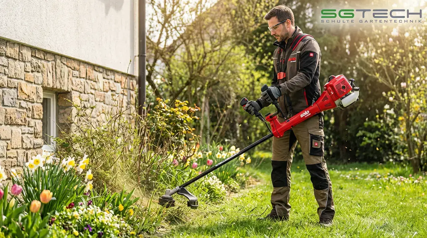Mann bei Ausputzarbeit mit Solo by AL-KO 140B Motorsense an einer Hauskante im Garten während des Frühlings.