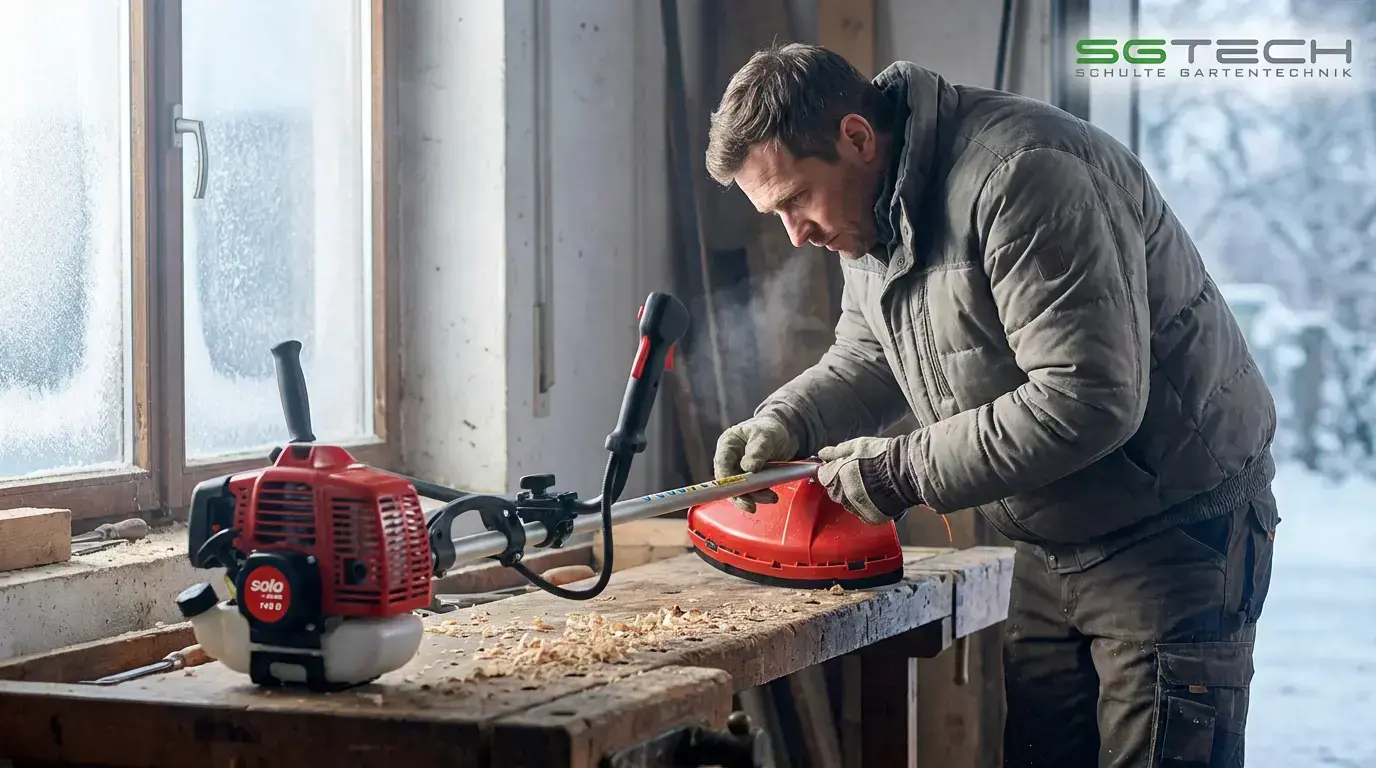 Solo by AL-KO 140B Motorsense auf Werkbank im Winter. Mechaniker prüft Fadenkopf für optimale Leistung. Wartung.