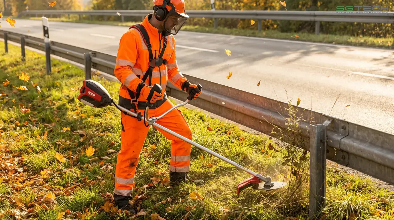 Arbeiter in Schutzkleidung mäht Rasenstreifen unter Leitplanke mit Solo by AL-KO BC4235.2B Motorsense im Herbst.