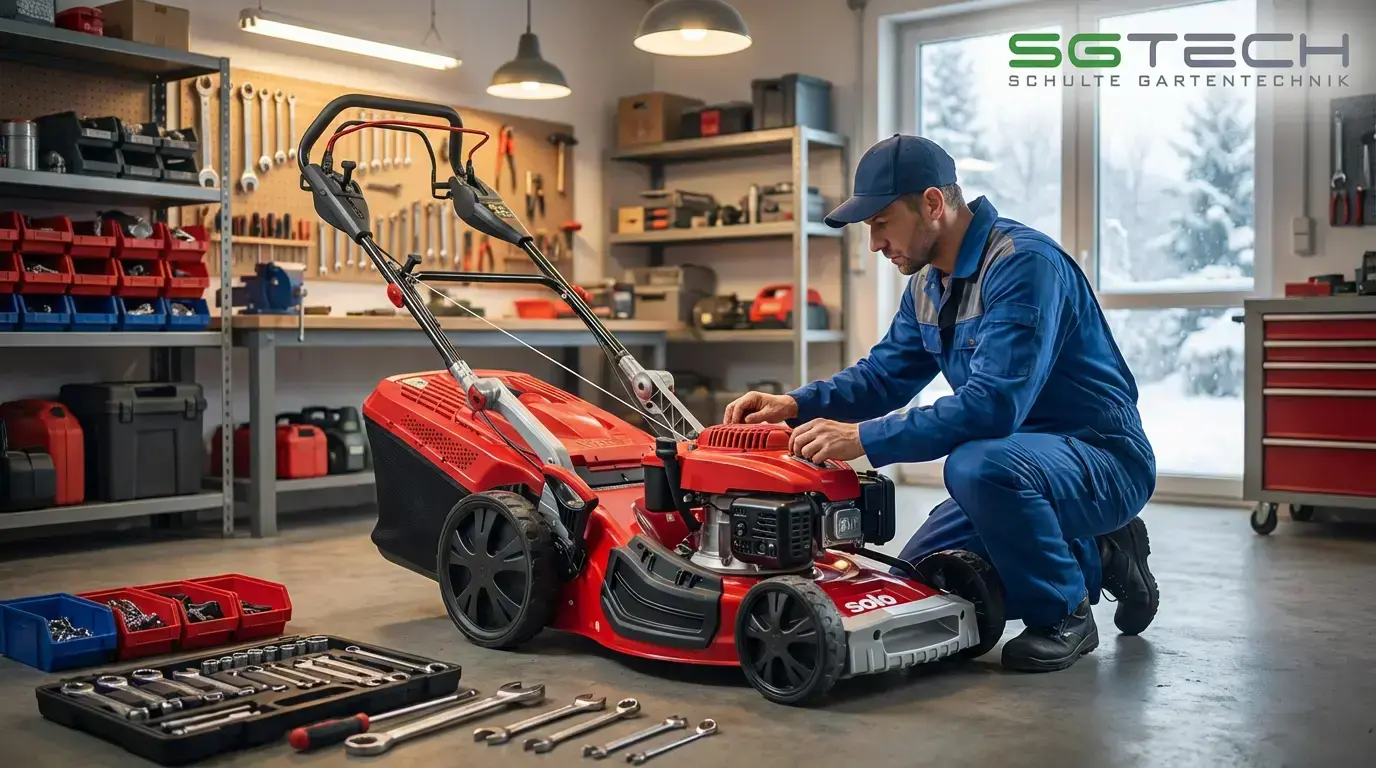 Ein Mechaniker wartet den Solo by AL-KO 4754VS-A Rasenmäher in einer Werkstatt. Werkzeuge liegen bereit für die Servicearbeiten.