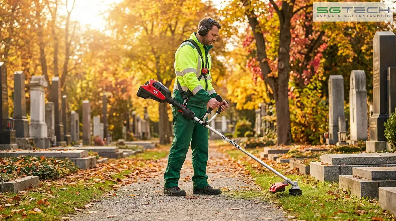 Gärtner nutzt Solo by AL-KO BC3640L Trimmer auf schmalem Weg neben Grabsteinen am Wiener Zentralfriedhof im Herbst.